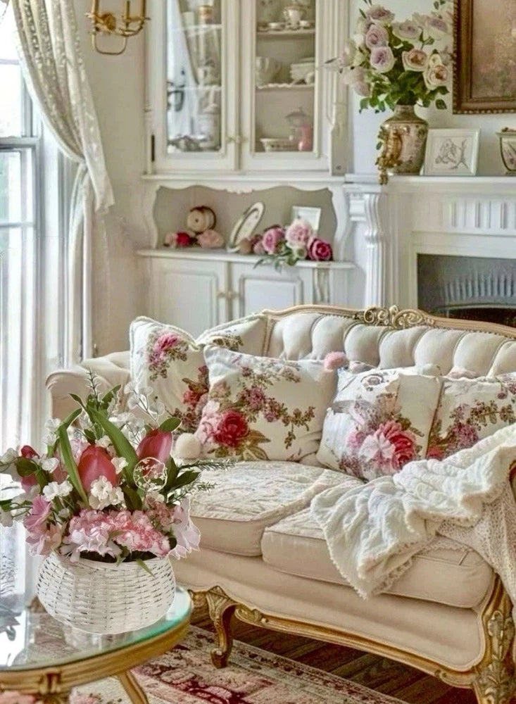 Wicker basket with faux floral arrangement, pink and red blooms in white basket