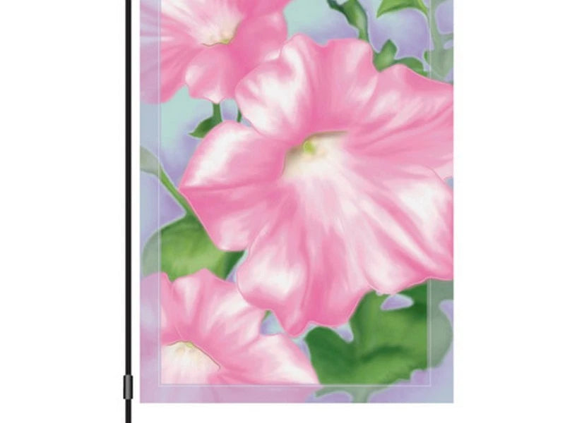 Pink petunia garden flag with green leaves, on a black pole