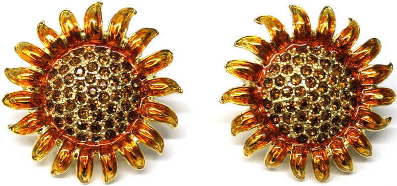 Gold-tone sunflower stud earrings with crystal-studded center and petal details