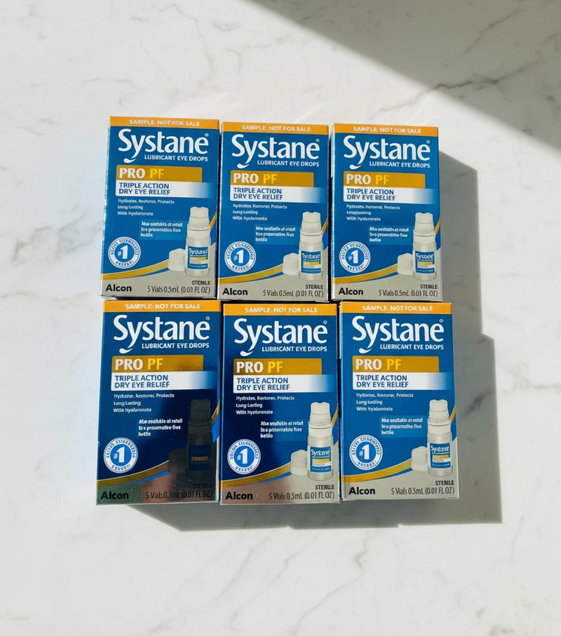Systane PRO PF lubricant eye drops boxes, six-pack, 5 mL vials, Alcon