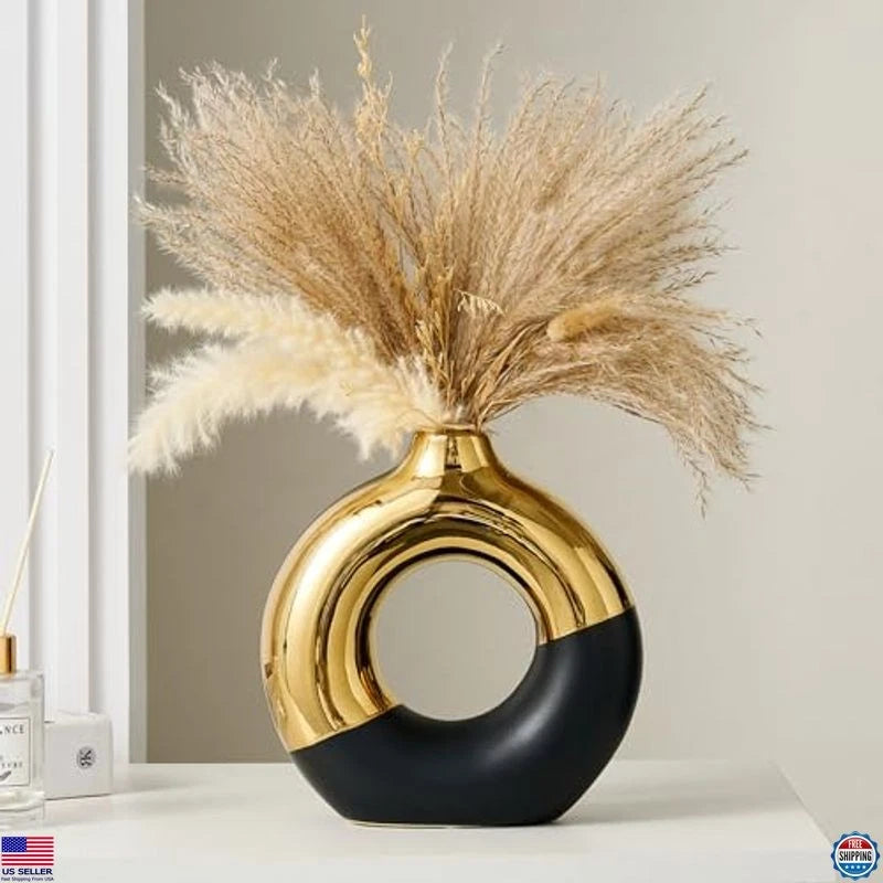 Black & Gold Ceramic Donut Vase 8" for Pampas Grass, Modern Home Decor Pampas Grass