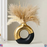 Black & Gold Ceramic Donut Vase 8" for Pampas Grass, Modern Home Decor Pampas Grass