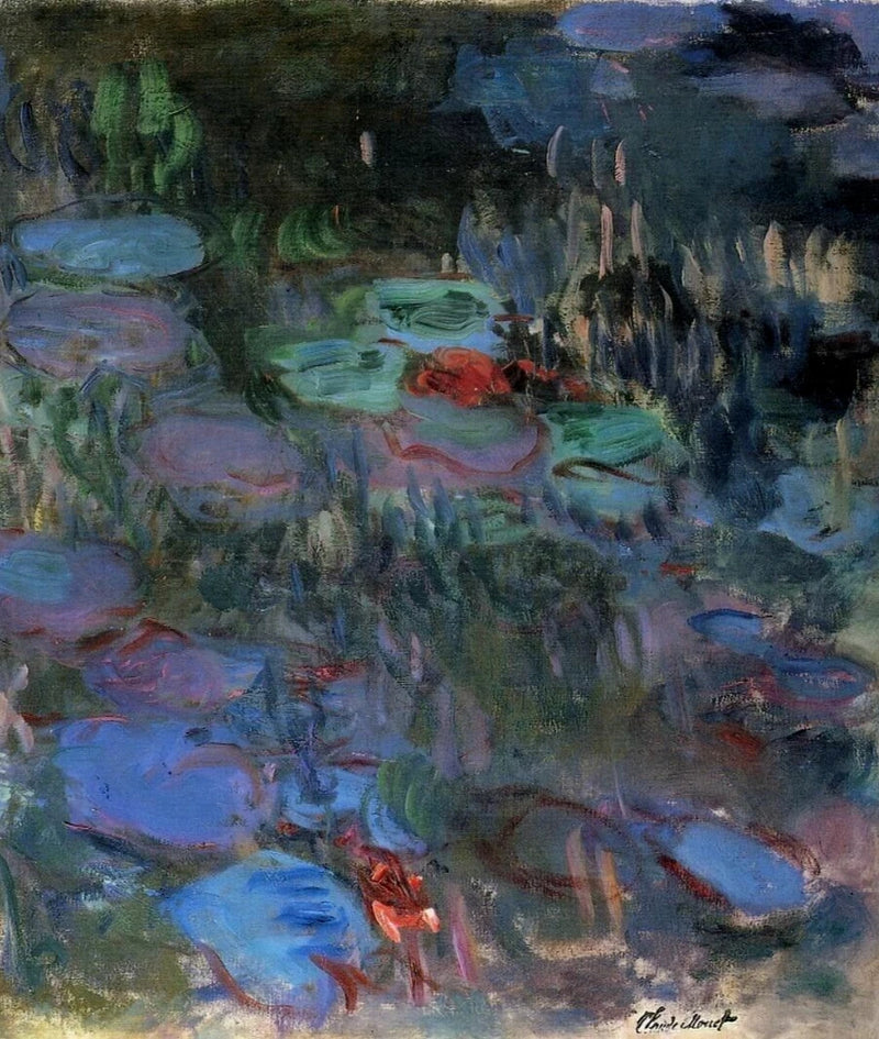 Water lilies canvas print with koi fish, lily pads, and dark weeping willow reflections