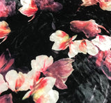 Black & Pink Magnolia Floral - Stretch Polyester Velvet Fabric Flowering Plants