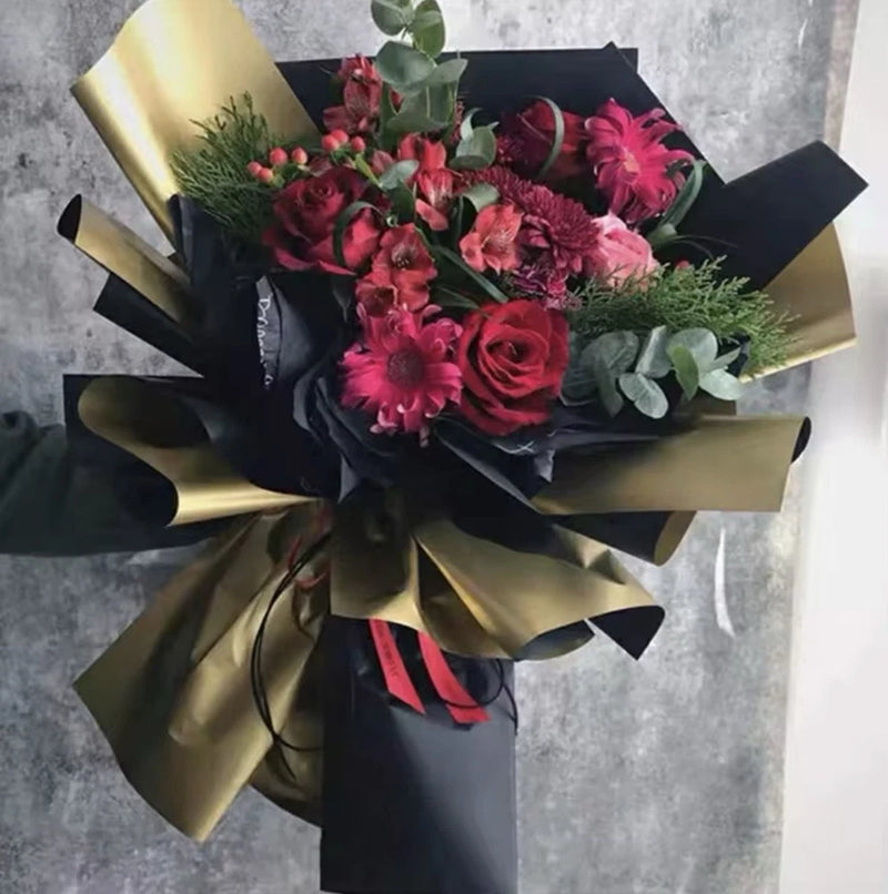 Black and gold metallic wrapping paper sheet for bouquet wrapping, crinkled finish