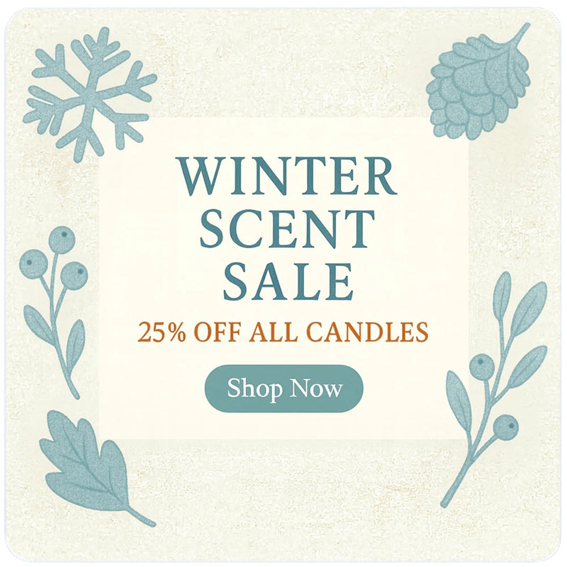 Winter scent sale promo card with 25% off all candles and Shop Now button