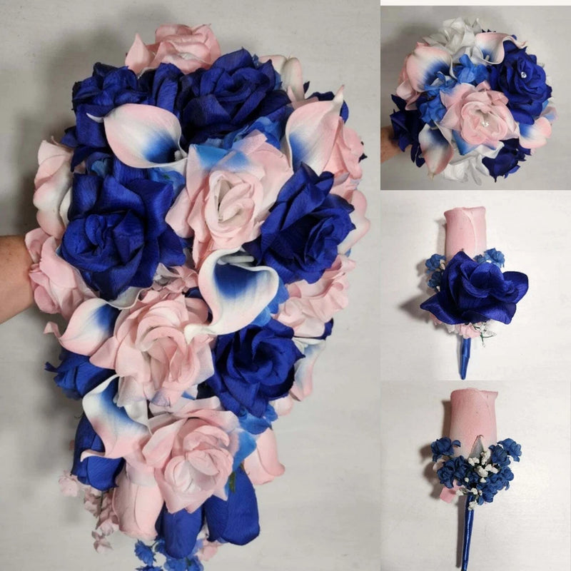 Pink Royal Blue Rose Calla Lily Bridal Wedding Bouquet Accessories Bouquet