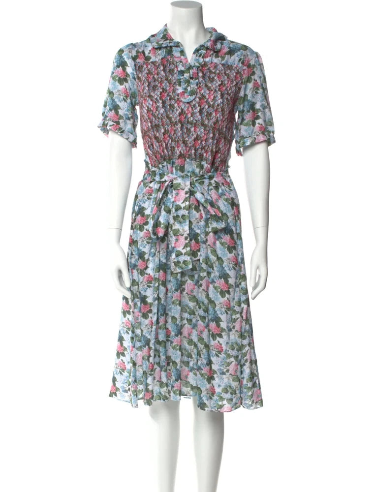 NWT LORETTA CAPONI Pinstriped and Hydrangeas Floral Smocked Shirt Dress sz S Hydrangea