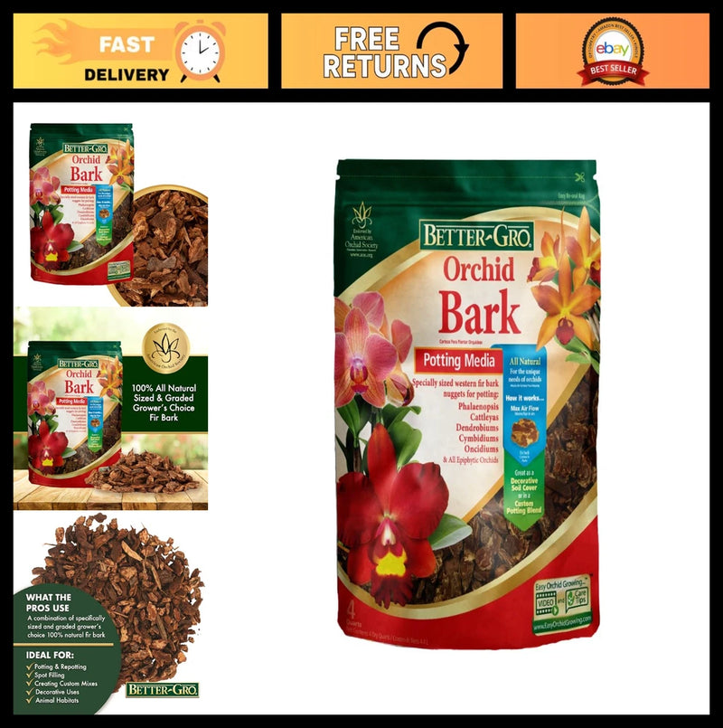 Orchid bark potting medium bag with printed orchid design, 4-quart size.
