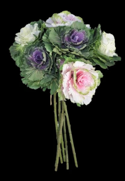 Artificial rose cabbage bouquet with purple, pink, and white blooms and green leaves