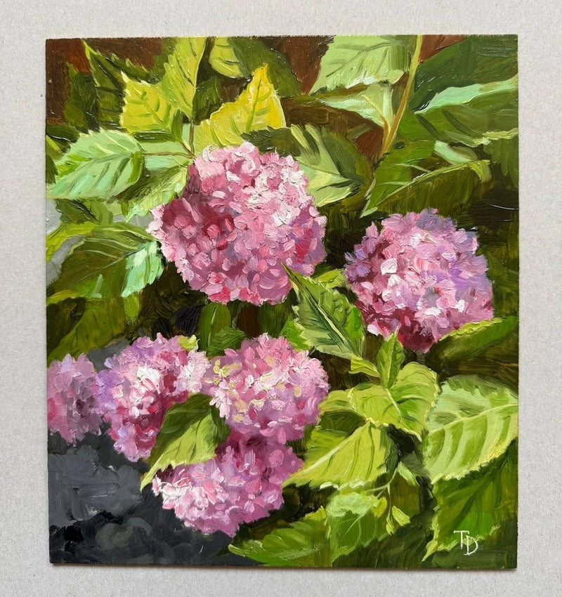 Original Oil Painting Pink Hydrangea 8x9 Hand Painted on Fiberboard Hydrangea
