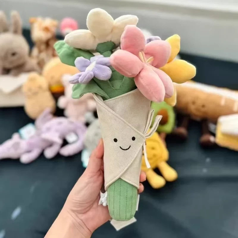 Plush cat bouquet toy with beige cone and smiling face, holding pastel flowers