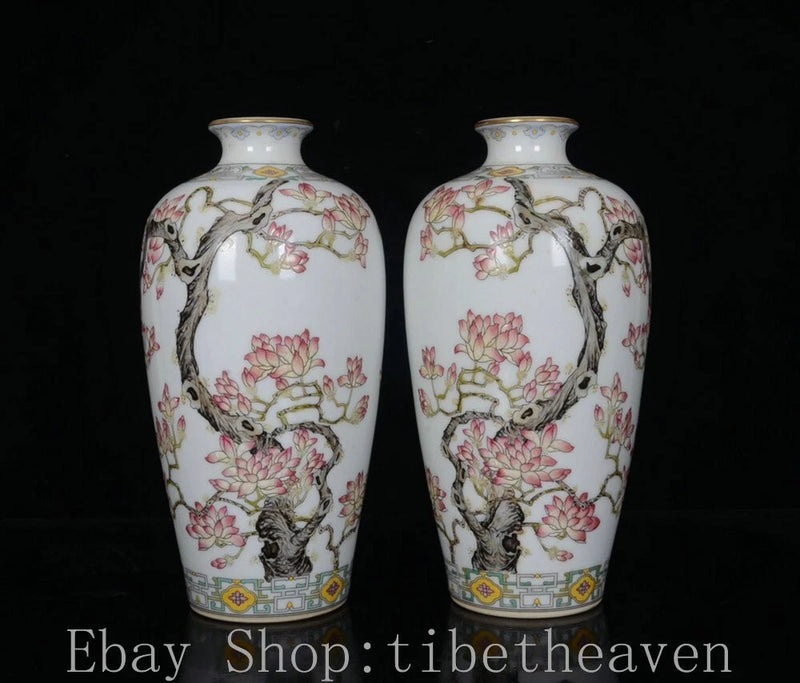 9.2" Qianlong Marked Old Chinese Pastel Porcelain Palace Peony Flower Bottle Peony
