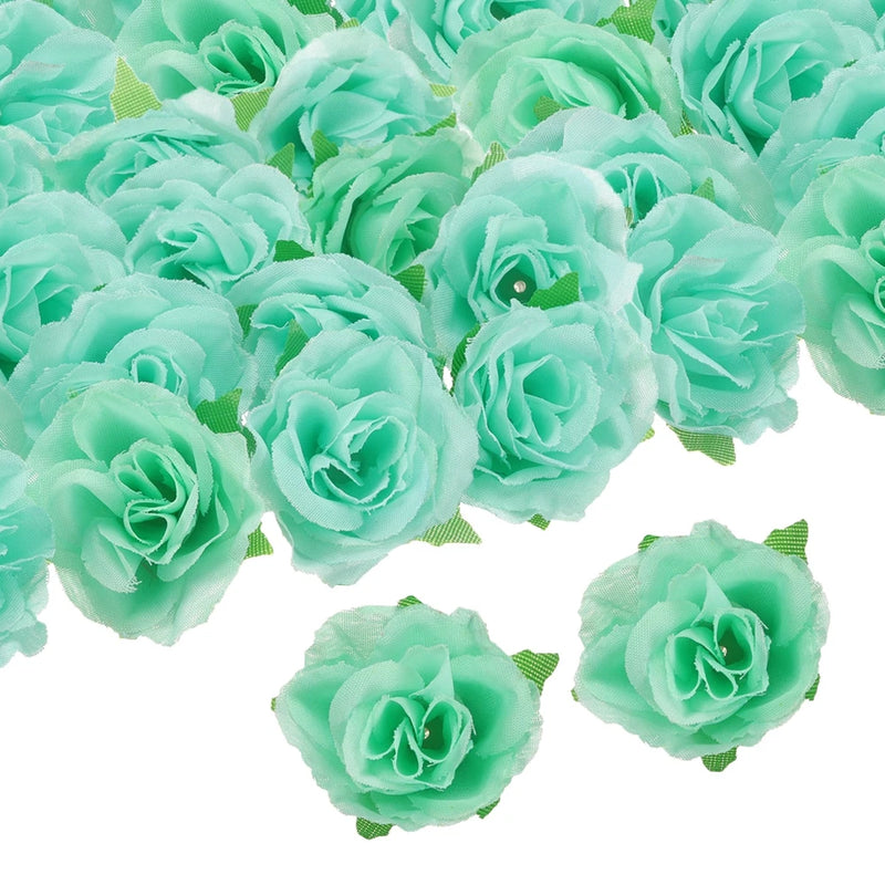 Artificial silk rose flower heads, lake green, set of small rosette blooms