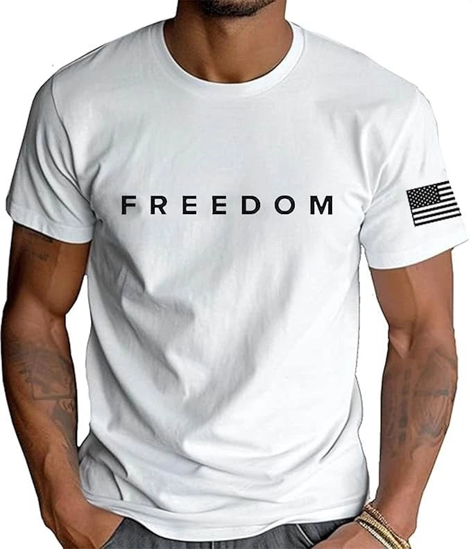 White t-shirt with 'FREEDOM' text and American flag sleeve graphic
