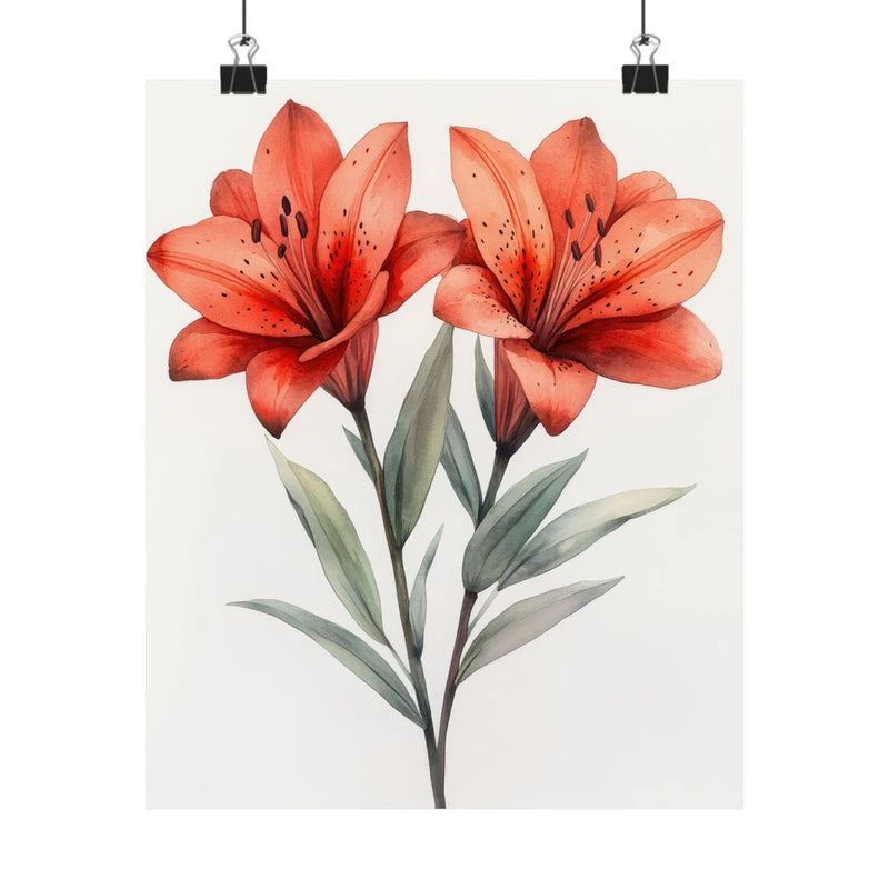 Floral art print poster: red lily flowers with green leaves