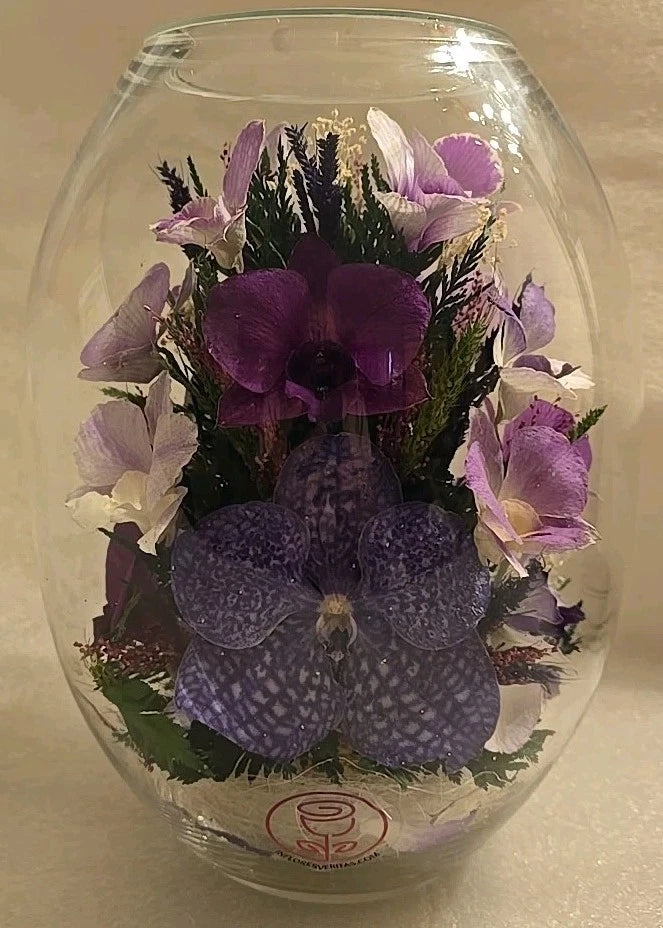 Vacuum-sealed glass vase with dried purple orchids bouquet