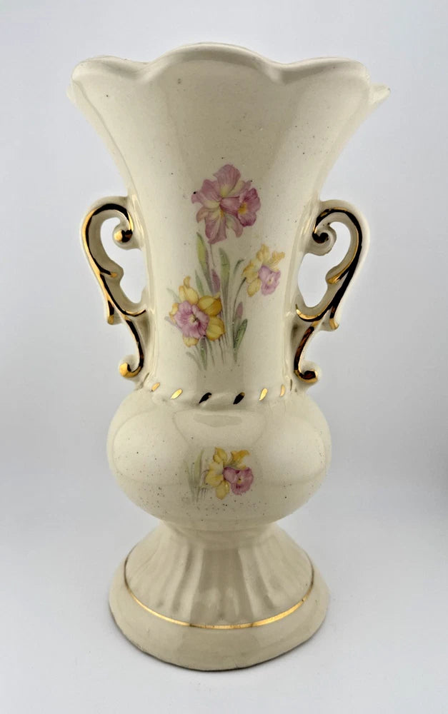 Vintage Vase Double Handle Floral Cream w/ Gold Accents Carnations Daffodils Carnation