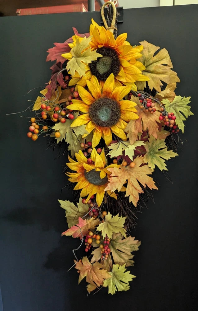 Teardrop artificial sunflower and berry wreath with dark center blooms, 28"x14"
