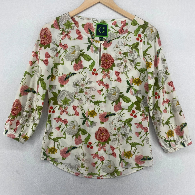 Women's floral silk crepe top with keyhole neckline, 3/4 sleeves, white base with butterflies