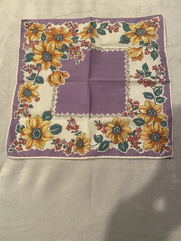 Vintage Floral Cotton Hankerchief Purple Yellow Sunflower Daisy Hand Rolled Edge Sunflower