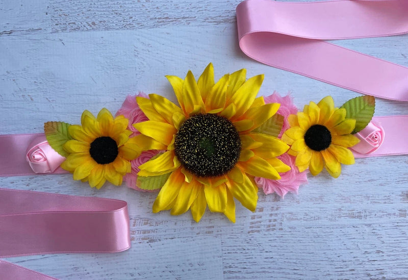 Pink satin maternity sash with large sunflowers and small pink roses