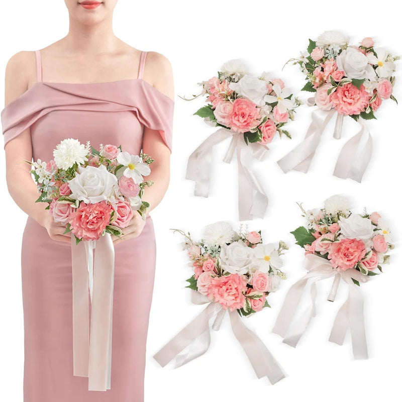 Coralpink Bridesmaid Bouquets Set of 4 - Silk Wedding Flowers Decor Ranunculus