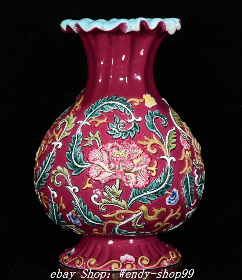 8" Qianlong Marked Famille Rose Porcelain Gilt Peony Flower Pattern Bottle Vase Peony
