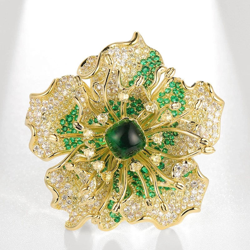 Gold-tone large peony flower brooch with green enamel petals and dark center gem