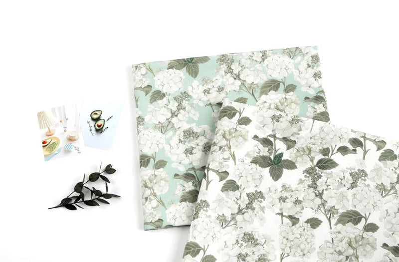Plane White Hydrangea Flower Patterned Fabric made in Korea by the Half Yard Hydrangea