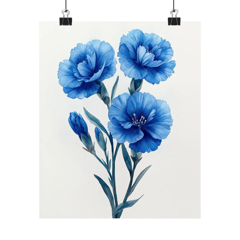 Floral art print poster with three blue carnation blooms and green stems