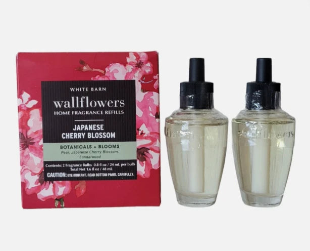 White Barn wallflowers Japanese cherry blossom home refill, two glass bottles with black caps