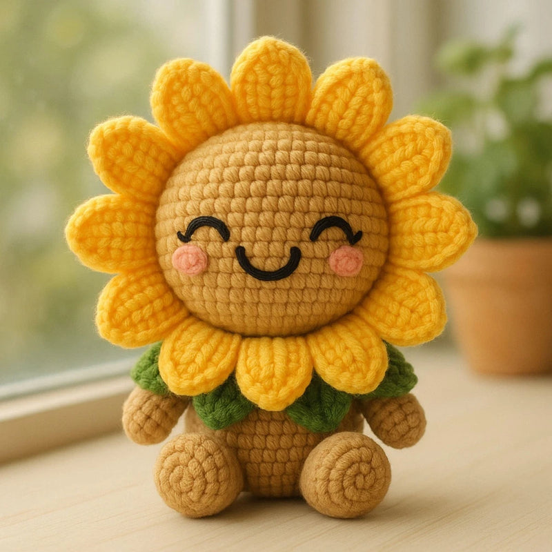 Crochet sunflower plush amigurumi doll with yellow petals, green outfit, smiling face