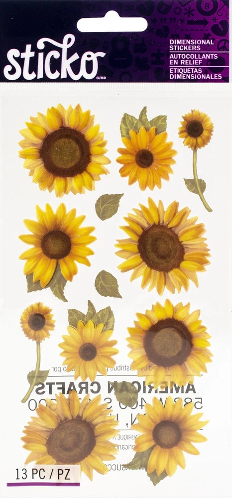 Dimensional sunflower sticker sheet with yellow blooms and brown centers, 4-pack