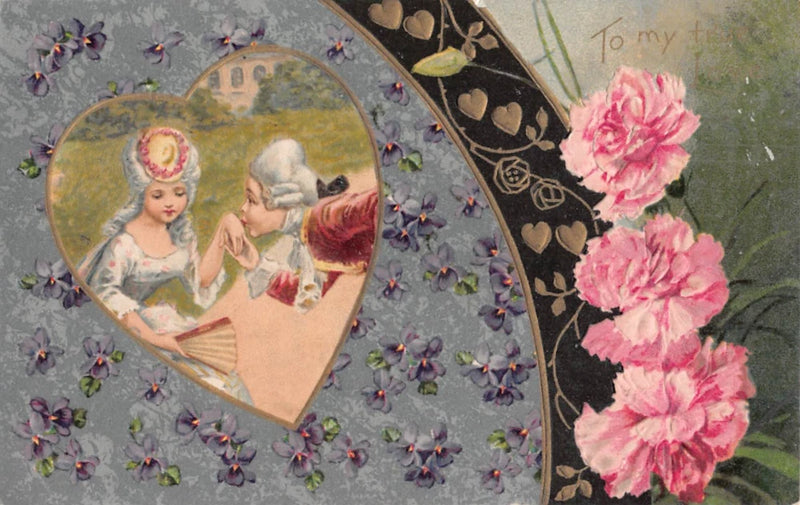 Violets & Pink Carnations by Heart Framing Colonial Lovers on 1912 Valentine PC Carnation