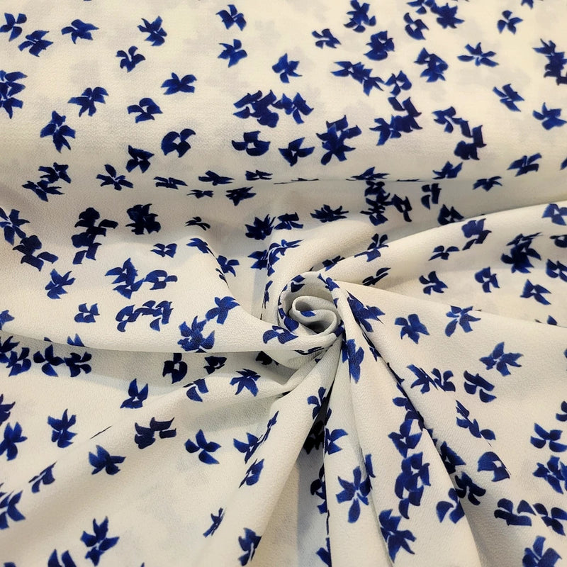 White Crepe de Chine with Tossed Blue Flowers - Designer Overstock, from Italy Flowering Plants