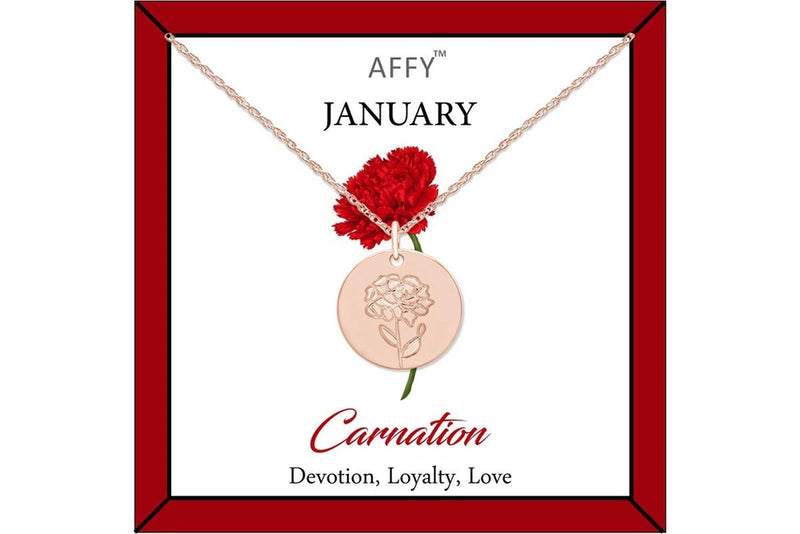 January Birth Month Carnation Flower Disc Pendant Necklace In 18k Rose Gold Plat Carnation