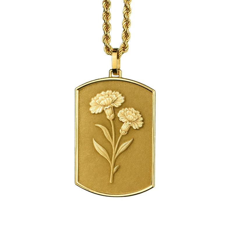 14K gold birth-flower tag necklace pendant with cream carnation blossom design