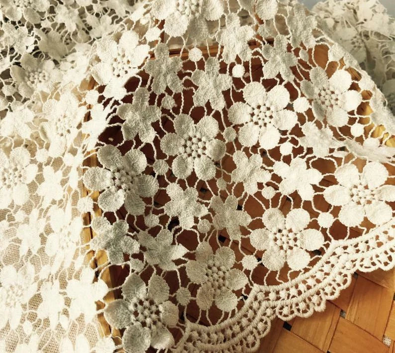 Vintage Beige Cotton Guipure Fabric Hollowed Flower Crochet Lace Fabric Flowering Plants