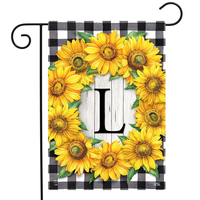 Monogram L sunflower garden flag with yellow flower wreath and hanging hook