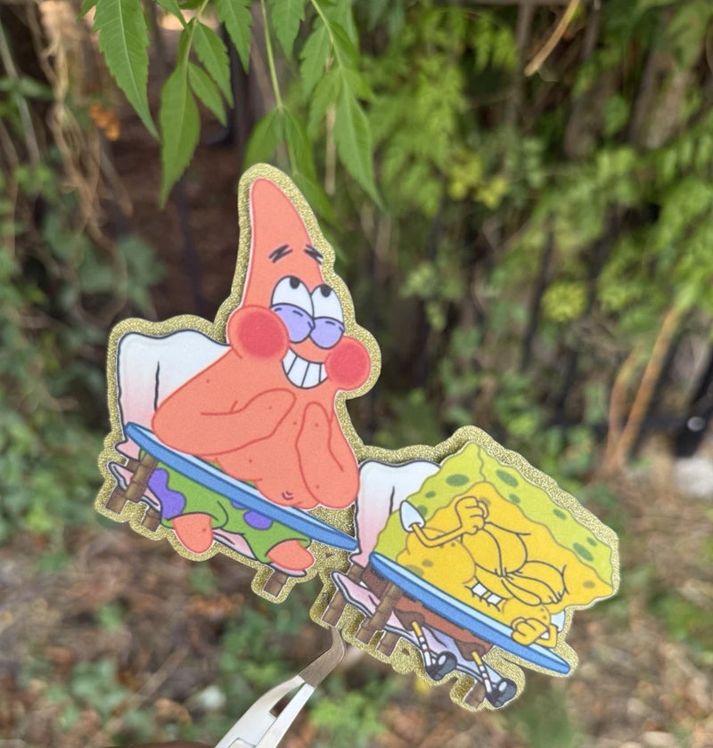Graduation bouquet topper set with two cartoon character cutouts, stitched edges
