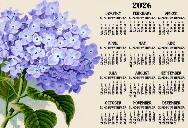 HYDRANGEA FLOWER FLORAL PURPLE YEARLY OFFICE KITCHEN FRIDGE 2026 CALENDAR MAGNET Hydrangea
