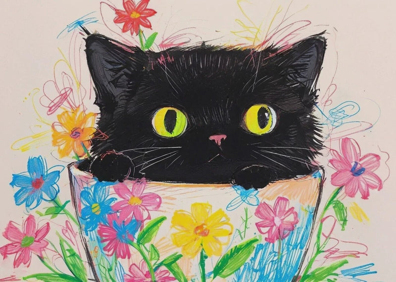 Mini art print of a black kitten with bright flowers and rainbow colors