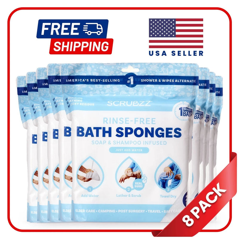 Scrubzz rinse-free bath sponges 8-pack, unscented disposable sponge wipes