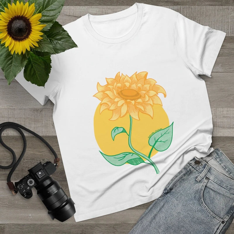 White crewneck T-shirt with large sunflower graphic and green leaves
