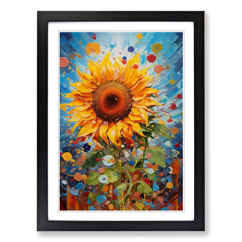 Framed canvas wall art with bright yellow sunflower and colorful splatter background