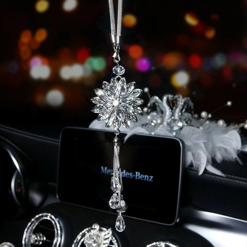 Rhinestone sun flower car pendant with silver chain and crystal details