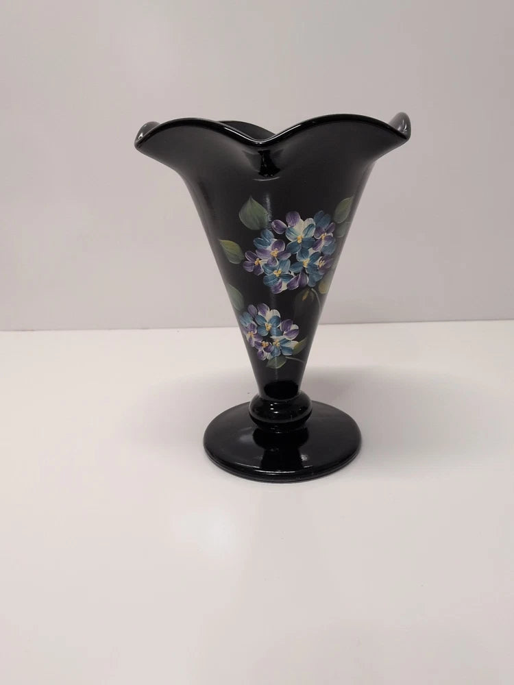 Fenton Art Glass Hand Painted Blue Hydrangeas Black Glass Vase 8Ó Signed Hydrangea