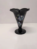 Fenton Art Glass Hand Painted Blue Hydrangeas Black Glass Vase 8Ó Signed Hydrangea