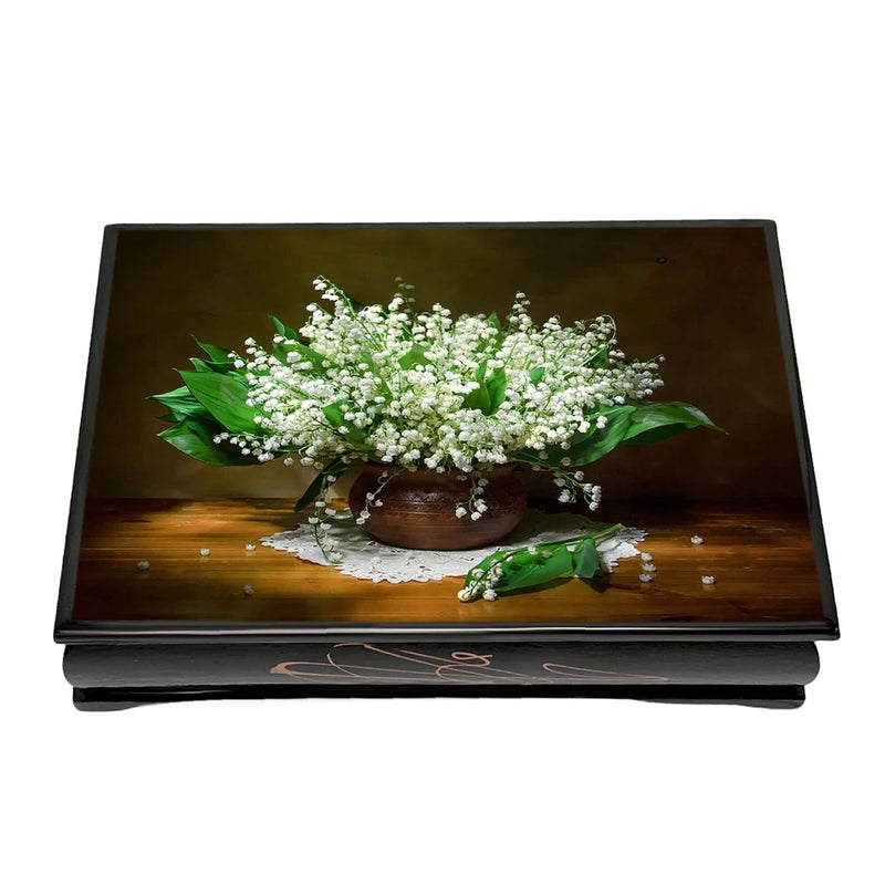 Floral trinket box with faux lilies of the valley on open lid